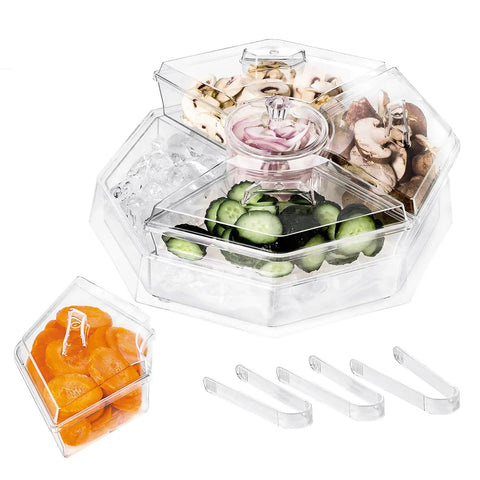 Bar Ready Ice Serving Lazy Susan With Four Removable Dishes And Smooth Rotating Tray For Condiments, Fruit, Salad And Party Garnish, BPA Free Shatterproof Caddy With Hinged Lids For Taco Night