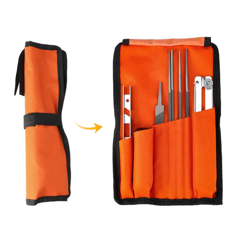 Open view of Eleven Piece Universal Chainsaw Sharpener Kit with Four Round File Sizes; includes pouch, handle, and guide.
