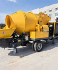 Hardcore Automatic Concrete Mixer Pump With Dead Simple PLC Controls And High Volume Grout Delivery For Foolproof Foundation Pouring And Zero Hassle Job Site Setup, yellow hydraulic machine with drum.