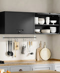 Heavy Duty Steel Garage Wall Cabinet With Doors And Shelves, Wall Mounted Tool Storage Cabinet For Garage, Basement, Kitchen And Warehouse, Black Powder Coat Finish, 21.6 Inch High, Scratch And Rust Resistant, 120Lb Load Capacity. Black wall cabinet in kitchen with dishes and utensils