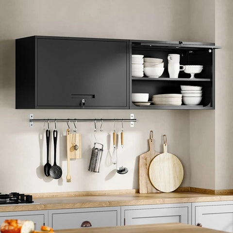 Heavy Duty Steel Garage Wall Cabinet With Doors And Shelves, Wall Mounted Tool Storage Cabinet For Garage, Basement, Kitchen And Warehouse, Black Powder Coat Finish, 21.6 Inch High, Scratch And Rust Resistant, 120Lb Load Capacity. Black wall cabinet in kitchen with dishes and utensils