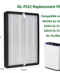 GL-FS32 Replacement Filter 2 Pack For MOOKA KOIOS Azeus Air Purifiers, H13 True HEPA 3-In-1 Activated Carbon Filtration, 12.6x8.9x1.4 inches