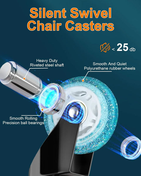 Universal 3-Inch Heavy-Duty Chair Casters With Precision Ball Bearings For All Floor Surfaces, shown with steel shaft and polyurethane wheels