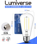 Vintage Edison LED Bulbs Six Pack With Old School Glow Five And A Half Watt Real 60W Equivalent 500 Lumens CRI 95 Plus Non Dimmable 4000K Cool White E26 Medium Base Clear Glass Filament Lamps Kitchen Bathroom Bedroom Lighting, next to a credit card for size comparison, featuring an E26 base.