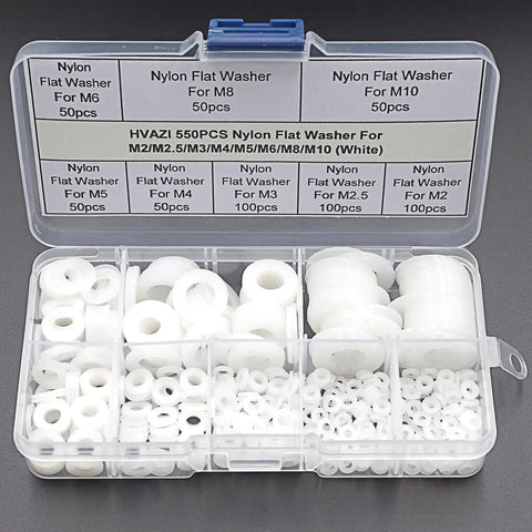 Hella Versatile White Nylon Flat Washer Assortment Kit With M2 Through M10 Metric Sizes For Rock Solid Bolt Securing On Garage Or Shop Projects