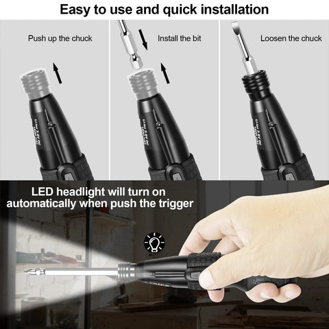 3.6V Cordless Screwdriver With Ultra Strong Magnetic Bit 2-In-1 Manual And Auto, Forward And Reverse in hand with LED light on