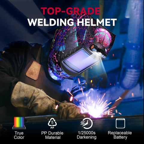 Welder using Auto Darkening Welding Helmet With LED Light Solar Powered True Color Lens Top Optical Clarity Four Arc Sensors