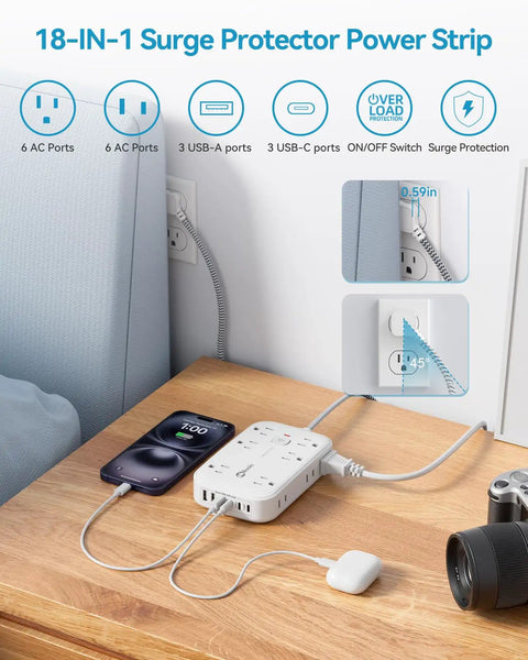 Power Strip With USB and 2100J Surge Protector Five Foot Flat Plug Extension Cord 12 Outlets and 6 USB Ports Including 3 USB C Fast Charging Station 3 Side Outlet Extender Wall Mountable for Tablets Laptops and More on desk.