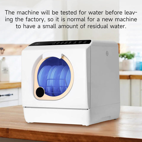 Compact Countertop Dishwasher With Built-In Water Tank For Apartments And RVs, showing blue dishes inside the appliance.