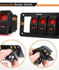 Four Gang Rocker Switch Panel With DIY Label Stickers And Pre Wired Jumpers SPST On Off 12V 20A And 24V 10A Aluminum Plate Red Ideal For LED Light Bars RV Boats And 4x4 Vehicles, black 4-gang panel