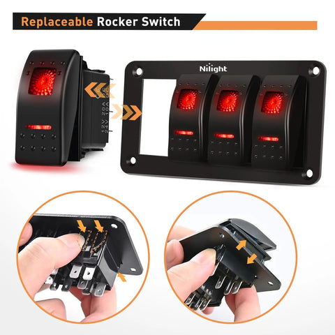 Four Gang Rocker Switch Panel With DIY Label Stickers And Pre Wired Jumpers SPST On Off 12V 20A And 24V 10A Aluminum Plate Red Ideal For LED Light Bars RV Boats And 4x4 Vehicles, black 4-gang panel