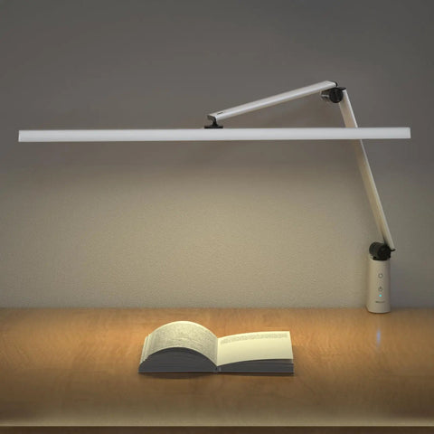 LED Desk Lamp With Clamp And Swing Arm, 31.5 Inch Wide Architect Style Desk Light, 1200 Lumen Brightness illuminating book