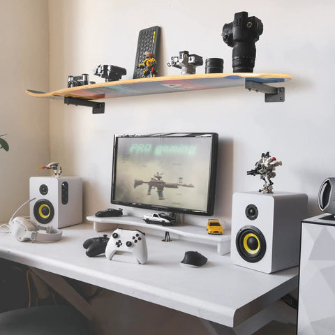 Dope Wall Mounted Skateboard Rack Set For Longboards And Boards Double Space Saving Floating Shelves Brackets with camera gear