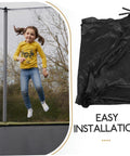 Trampoline Sun Shade Canopy Cover For Outdoor Backyards And Parks UV Protection Weather Resistant Top Replacement Easy Fold Trampoline Cover Keeps Kids Cool Safe Play Area Accessories, folded black shade and child jumping on trampoline
