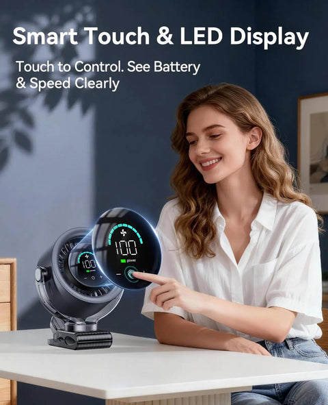 Woman adjusting Rechargeable Clip On Fan 4000mAh With 100 Speed Touch Control LED Display 360 Degree Rotation on table