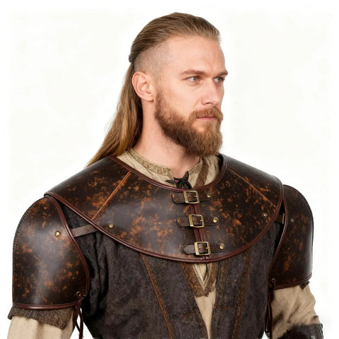 Man wearing Medieval Leather Pauldron Shoulder Armor For Viking Knight Cosplay Larp Ren Faire Costume Brown Faux Leather With Collar Buckle Durable Realistic Texture Totally Boss Quality