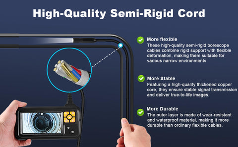 1080P HD Endoscope Camera With Light showing semi-rigid cable structure, 4.3 inch IPS Screen Borescope, IP67 Waterproof 16.4ft