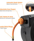 Retractable Air Hose Reel With Enclosed Housing, Three Eighths Inch By 50 Ft Hybrid Hose with automatic guide and stopper features.
