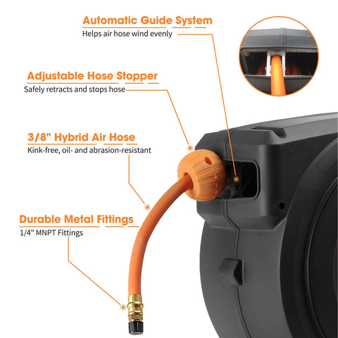 Retractable Air Hose Reel With Enclosed Housing, Three Eighths Inch By 50 Ft Hybrid Hose with automatic guide and stopper features.