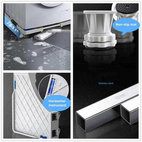 Mobile Base Stand With Four Strong Feet For Fridge And Washer Adjustable Refrigerator Stand With drainage, non-slip mat, and stainless steel features.