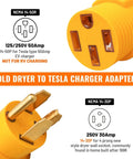 Heavy Duty NEMA 14 30P To 14 50R Level 2 EV Charger Adapter Fits Tesla Cars with plug details and specs diagram.