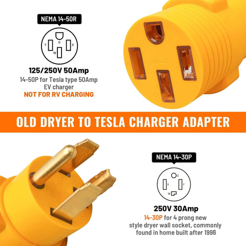 Heavy Duty NEMA 14 30P To 14 50R Level 2 EV Charger Adapter Fits Tesla Cars with plug details and specs diagram.