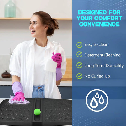 Woman cleaning One Inch Thick Anti Fatigue Kitchen And Standing Desk Mat With Massage Ball And Massage Points Non Slip All Day Comfy Floor Mat For Feet Office And Home Black 17 By 28 By 1 Inches