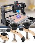 Commercial Grade Aluminum Router Clamping Kit Engineered With Robust T Slot Guides For Dependable Desktop CNC Mill And Laser Engraving Workstation showing CNC router and holding clamps.