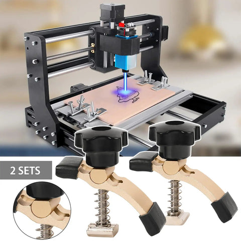 Commercial Grade Aluminum Router Clamping Kit Engineered With Robust T Slot Guides For Dependable Desktop CNC Mill And Laser Engraving Workstation showing CNC router and holding clamps.