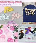 Acrylic sheets in multiple colors with laser-cut craft shapes for DIY projects: birthday toppers, sign plaque, month circles, and animal silhouettes.