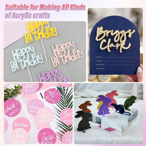 Acrylic sheets in multiple colors with laser-cut craft shapes for DIY projects: birthday toppers, sign plaque, month circles, and animal silhouettes.