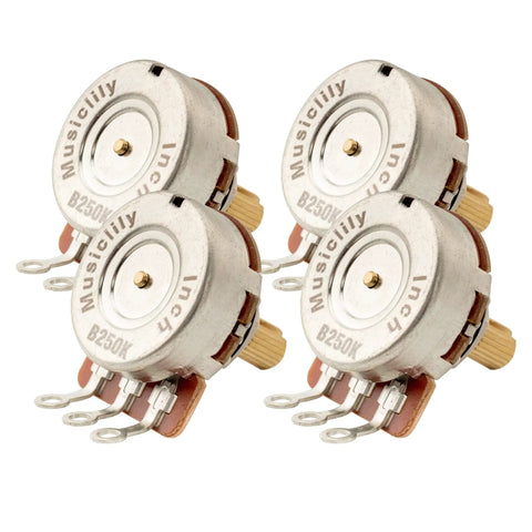 Set of 4 Pro Grade Brass 250K Linear Taper Potentiometers for electric guitars and basses, inch sized 24-spline split shaft.