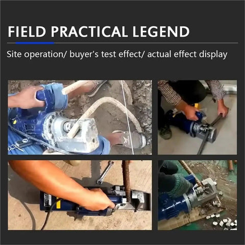 Electric Hydraulic Rebar Bender And Shear Cutter RC 20 Model in use, showcasing cutting action on steel bars at job site.