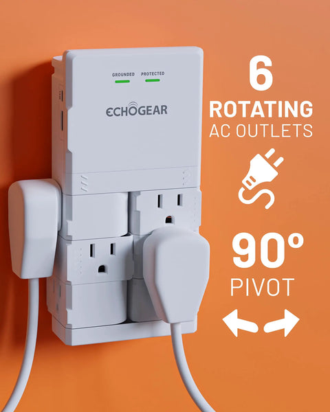 Wall Outlet With Surge Protection And USB Power Ports, 6 Rotating AC Plugs Plus 2 USB Ports Including 15W USB-C Fast Charge And USB-A