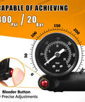 Close-up of gauge on Beefy High Pressure Bike Shock Pump With Gauge For Mountain Bike And Road Bikes, 300 Psi To 400 Psi.
