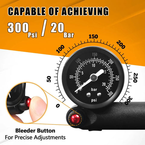 Close-up of gauge on Beefy High Pressure Bike Shock Pump With Gauge For Mountain Bike And Road Bikes, 300 Psi To 400 Psi.