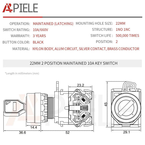 22mm Maintained Key Switch Panel Mount 2 Position Latching 1NO1NC 440V 10A Silver Contacts Heavy Duty Industrial Grade Four Screw Terminals Easy Wiring For Control Panels And Machinery, side view