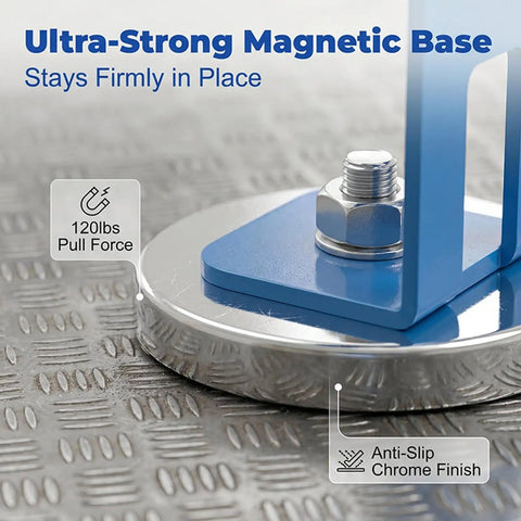 Close-up of Sturdy Magnetic Mig Welding Torch Holder With Magnet Base, showcasing strong metal base with anti-slip chrome finish.