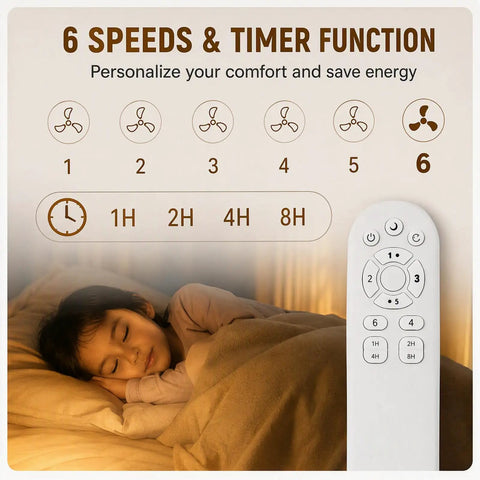 Remote control showing 6 speeds and timer for the 19” Boho Caged Ceiling Fan with Lights and Remote,6-Speed Flush Mount.