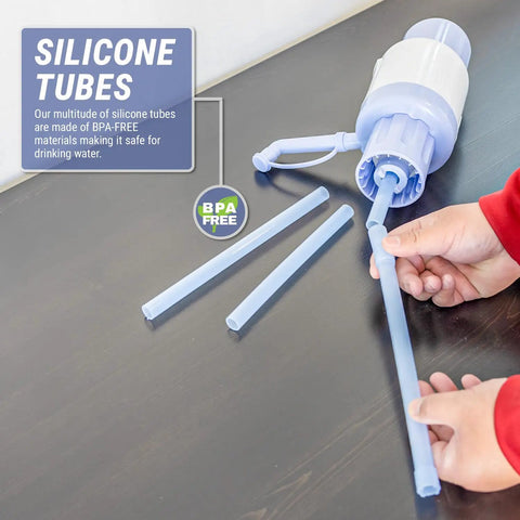 Hands assembling No More Heavy Lifting Manual Water Pump for 5 Gallon Bottles, BPA-Free with silicone tubing on dark surface.