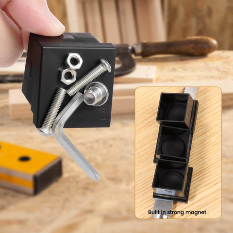 Close-up of Aluminum Alloy Dovetail Jig Marker Gauge With Eight Modules, Magnetic Woodworking Marking Tool, screws and magnet visible.