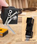 Hand holding Six Module Dovetail Jig And Saw Guide For Precise Cuts With Magnetic Aluminum Alloy Gauge, highlighting assembly view.