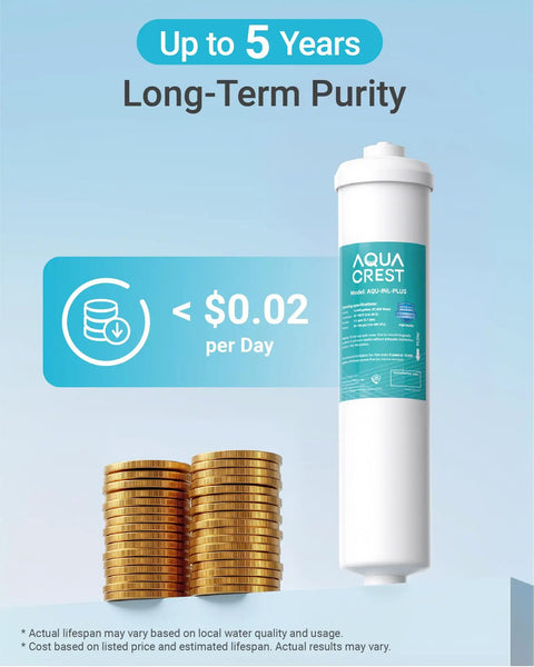 Top Shelf Inline Water Filter For Ice Makers And Fridges Smooth Flow One Quarter Inch Tubing RV Camper Compatible Five Year Lifespan displayed with coins.