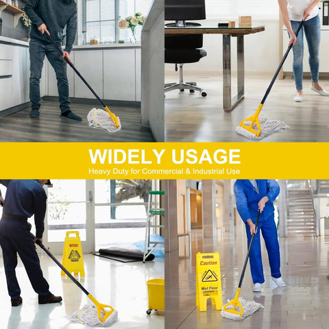 Heavy Duty 60 Inch Mop Handle Designed For Commercial And Household Floor Cleaning Via Adjustable Thumb Wheel Clamp used in various settings.