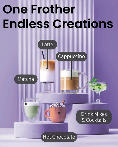 Elementi Handheld Electric Drink Mixer Wand With High Speed Motor For Frothing Milk Blending Protein Shakes And Whisking Cocktails, showcasing drinks like lattes, matcha, and hot chocolate.