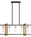 Farmhouse Rustic Five Light Gold Chandelier for Kitchen Island with black finish and wood lantern frame