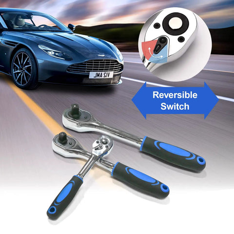 Three Piece Ratchet Set With One Quarter Inch, Three Eighth Inch, And One Half Inch Drive Sockets; reversible switch shown.