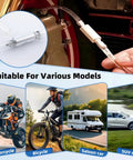 Two Piece Brake Bleeder Hose Kit With One Way Check Valve For Cars And Motorcycles shown with various vehicles like motorcycles, bicycles, and cars.