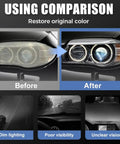Automotive Headlight Restoration Fluid Kit For All Vehicles showing before and after headlight clarity with product use.