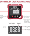 4-Side Magnetic Digital Angle Finder With Laser Helping Pros And DIYers Nail Tricky Angles With Blazing Speed featuring a digital display and control buttons.